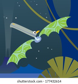 cute flying dinosaur on night planet background