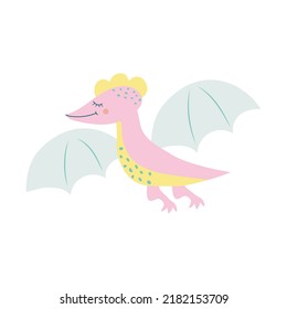 Cute flying dinosaur pterodactyl. Prehistoric cartoon character. Vector illustration.