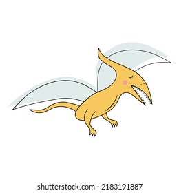 Cute flying dinosaur pterodactyl. Prehistoric character in doodle style. Vector illustration.
