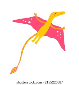 Cute Flying Dinosaur Rhamphorhynchus, Vector Flat Illustration In Hand Drawn Style On White Background