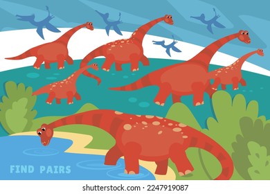 Cute and flying dinosaurs near lake. Find pairs. Educational puzzle game for preschoolers. Vector scene illustration for worksheet and book design. Nature and animals. 