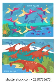 Cute and flying dinosaurs near lake. Find pairs. Educational puzzle game for preschoolers. Vector scene illustration for worksheet and book design. Nature and animals. 