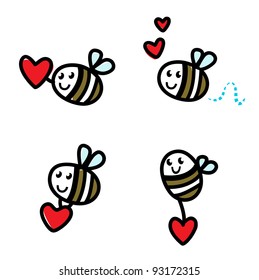 Cute flying doodle bee set with Valentine's red heart  isolated on white