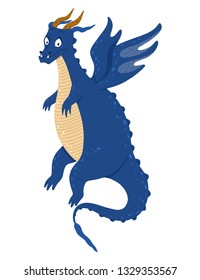 Cute flying dragon. Cartoon fantasy character, isolated on white background. Funny fairytale reptile and medieval legends fire breathing serpent. Poster, greeting card, gift, banner, textile, cup.