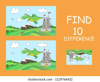 Cute flying dragon with castle on background. Find 10 differences. Educational game for children. Cartoon vector illustration