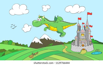 Cute flying dragon with castle on background. Cartoon vector illustration for children.