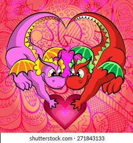 Cute Flying dragon couple holding hearts. vector illustration.