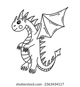 Cute flying dragon standing. Black and white vector isolated illustration hand drawn doodle. Symbol of the year 2024. Reptile from Asian countries, oriental animal