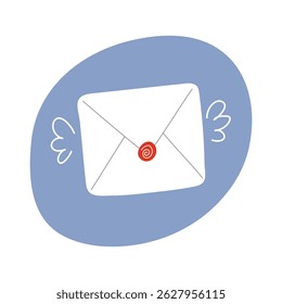 Cute flying envelope with red wax seal. Hand-drawn mail icon with wings, isolated on white background. Minimal flat vector illustration for email, message, communication, or postal service concepts