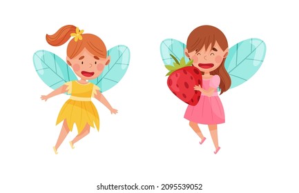 Cute flying fairies set. Adorable happy winged girls cartoon vector illustration