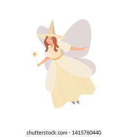 Cute flying fairy with magic stick and white clothes