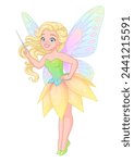 Cute flying fairy with a magic wand. Vector illustration isolated on white background.
