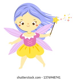 Cute flying fairy with magic wand. Garden elf, little pixie. Fantasy character