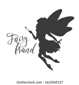 Cute flying fairy with magic wand, FAIRY BRAND text, hand drawn vector illustration, logo illustration
