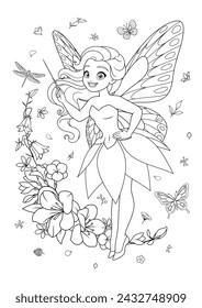 Cute flying fairy with a magic wand surrounded with flowers. Vector black and white illustration for coloring book page.