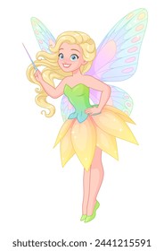 Cute flying fairy with a magic wand. Vector illustration isolated on white background.