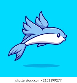 Cute Flying Fish Swimming Cartoon Vector Icon Illustration. Animal Nature Icon Concept Isolated Premium Vector. Flat Cartoon Style
