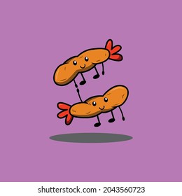 Cute flying fried shrimp doodle vector character illustration