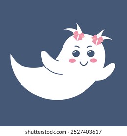 Cute flying ghost with bows. Spooky funny Halloween character. Vector flat hand drawn illustration.
