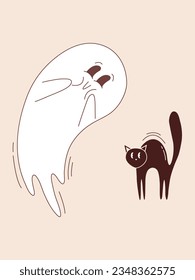 Cute flying ghost character with black cat. Halloween black kitten character. Halloween ghost character in groovy style.