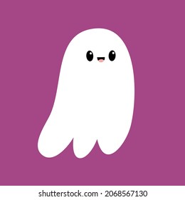 Cute flying ghost spirit. Scary white ghosts. Happy Halloween. Cartoon kawaii funny spooky character. Smiling face. Greeting card. Violet background. Flat design. Vector illustration