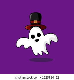 Cute Flying Ghost Wearing Hat Halloween Character. Vector Illustration Halloween Celebration. Can use For web, Banner, Poster, Sticker