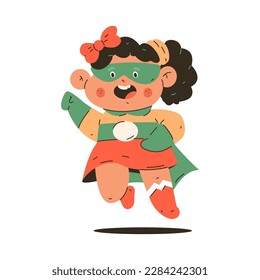 Cute flying girl in superhero costume vector cartoon kid character isolated on a white background.