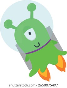 Cute flying green monster or alien. Vector illustration. Flat cartoon design.