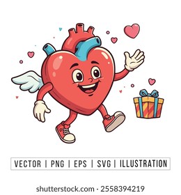 Cute Flying Heart Cartoon with Gift – Perfect for Valentine’s Day