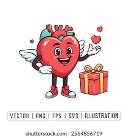 Cute Flying Heart Cartoon with Gift – Perfect for Valentine’s Day