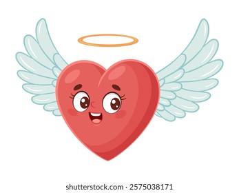 Cute flying heart character with wings and halo, doodle style. Hand drawn cartoon flat style isolated icon cute flying heart. Angel heart with wings. Cupid Love Valentine’s Day. Vector illustration