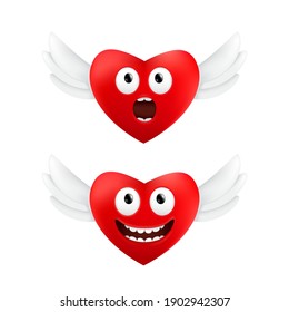 Cute flying hearts with funny facial emotions to Valentine's Day. Vector set of two red hearts with angel wings isolated on a white background