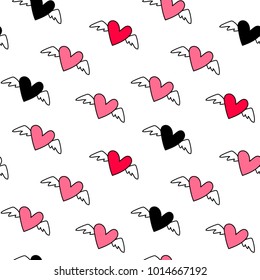Cute flying hearts with wings seamless pattern, vector illustration