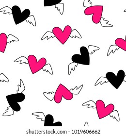 Cute flying hearts with wings seamless pattern, vector illustration