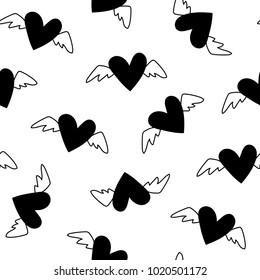 Cute flying hearts with wings seamless pattern, vector illustration