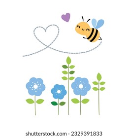 Cute flying honey bee flying in meadow cartoon vector illustration