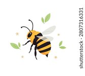 Cute Flying Honey Bee Vector Illustration with Leaves