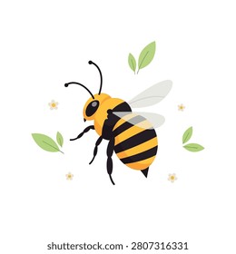 Cute Flying Honey Bee Vector Illustration with Leaves