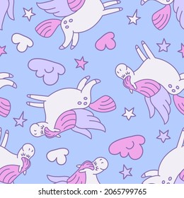 Cute flying horses in night sky. Pegas seamless vector pattern