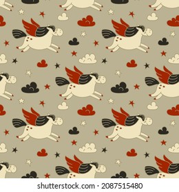 Cute flying horses in night sky. Pegas seamless vector pattern