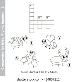 Cute flying insects crossword for children. Task and answer. The colorless version.