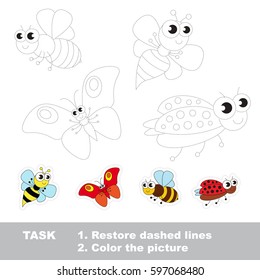 Cute Flying Insects, wasp and bee, butterfly and ladybird. Dot to dot educational game for kids, insect set to be traced.