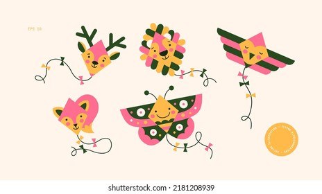 Cute flying kites characters. Animal collection. Vector illustration.