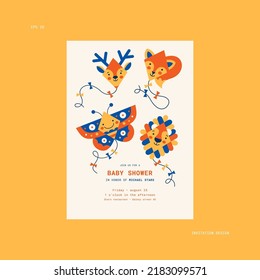 Cute flying kites characters. Baby shower invitation card design template. Vector illustration.