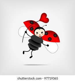 cute flying ladybug holding  red heart - vector illustration