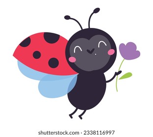 Hermana de ladybug voladora. Dibujo vectorial de la caricatura de insectos de ladybird de pequeño ala alada