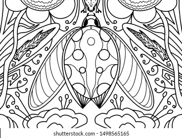 Cute flying ladybug.Outline coloring book.Flowers, elegant lines and lightness. Insects.Hand drawing coloring for kids and adults.Beautiful drawings with patterns and fine details.Vetor Illustration.