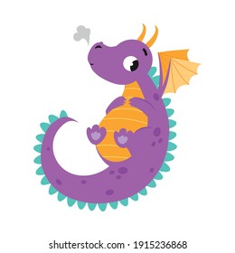 Cute Flying Little Baby Dragon, Funny Fantastic Creature Fairy Tale Character Cartoon Style Vector Illustration