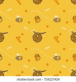 cute flying little bee hive honeycomb with honey jar vector seamless pattern background 
