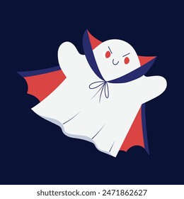 Cute flying little ghost wearing a vampire cloak, costume party for Halloween, hand drawn isolated vector illustration